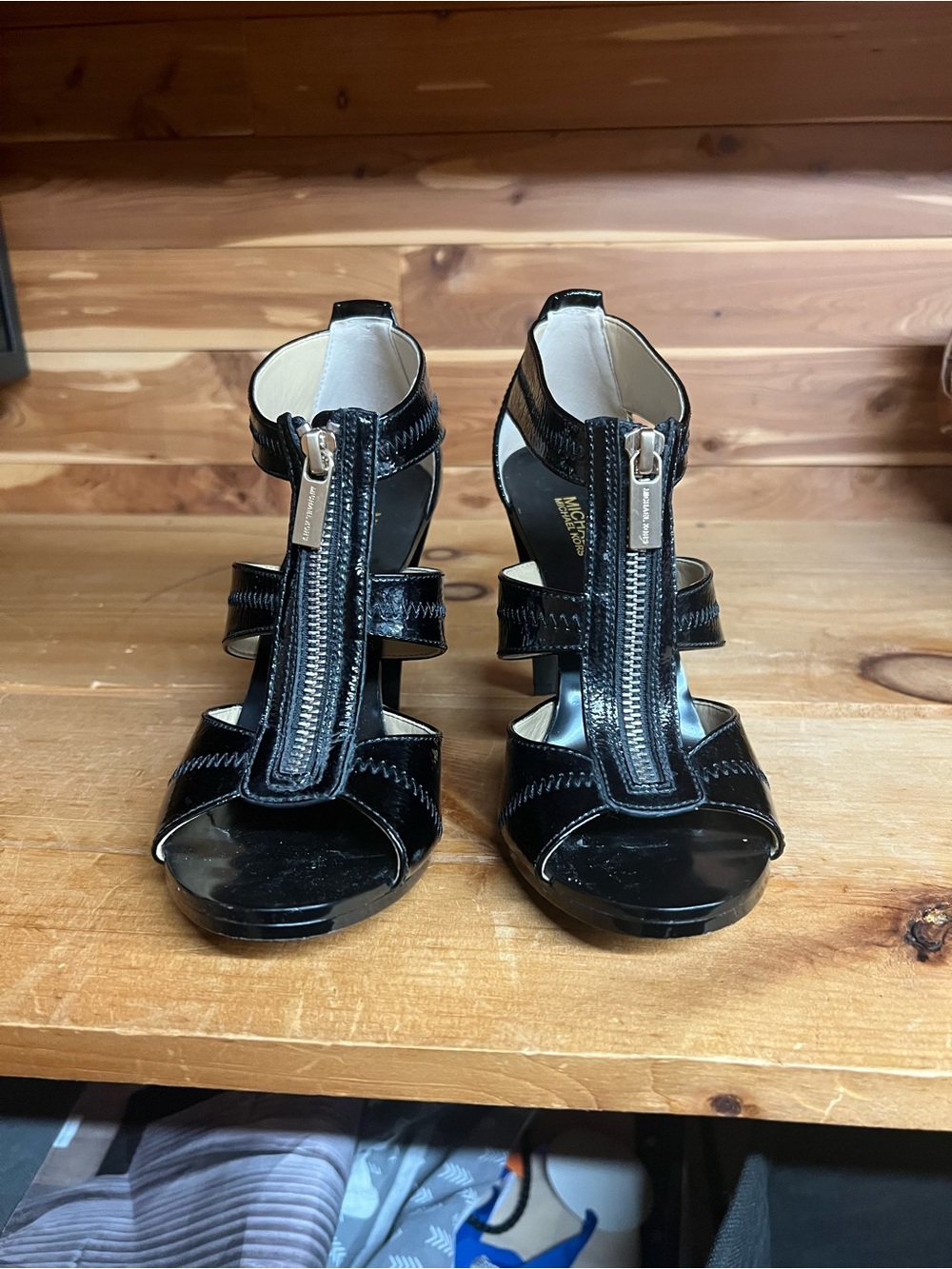 Michael Kors Black Patent Leather Front-Zip Strappy Heels
